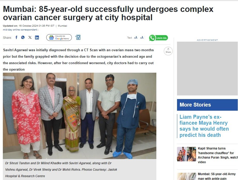 Mid-Day - 85 Year Old Successfully Undergoes Complex Ovarian Cancer Surgery at City Hospital