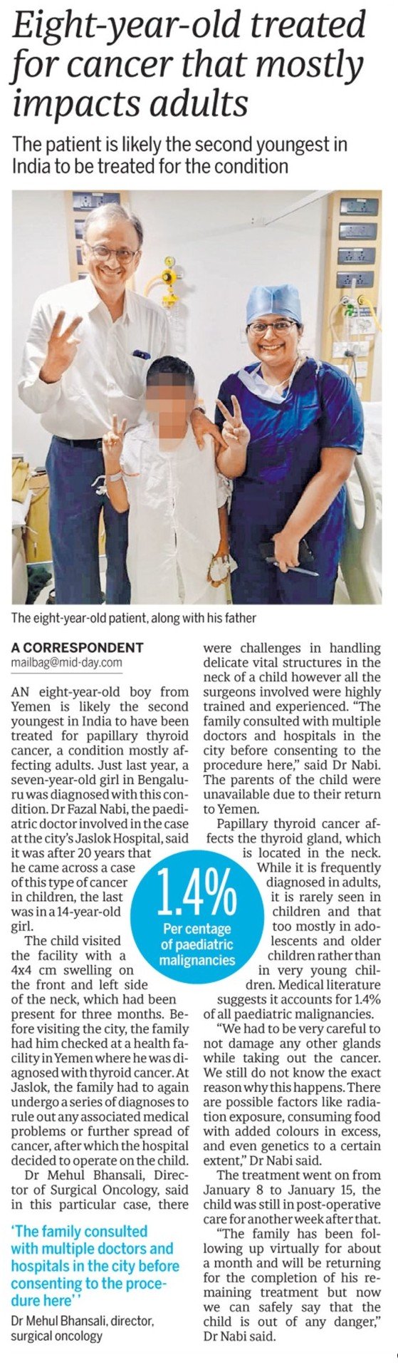 Eight-year old treated for cancer that mostly impact adults
