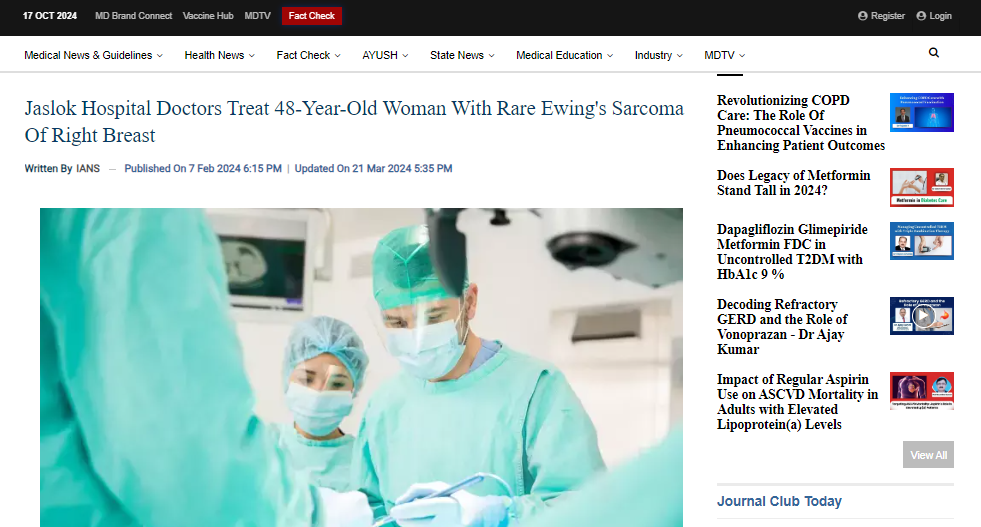 Jaslok Hospital doctors treat 48 year old women with rare Ewing's sarcoma of right breast