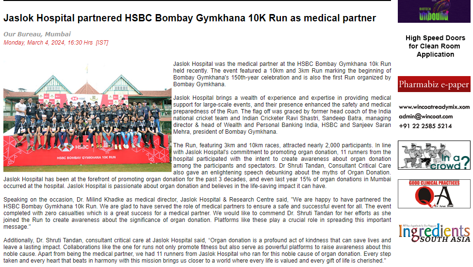 Jaslok Hospital partnered with HSBC Bombay