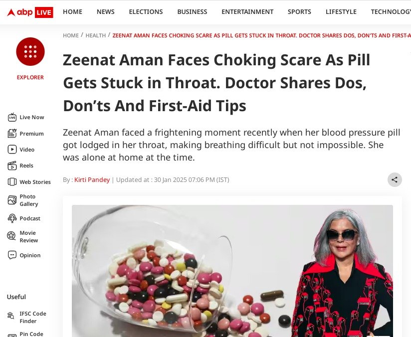 Zeenat Aman Faces Choking Scare As Pill Gets Stuck in Throat. Dr. Paresh Naik Shares Dos, Don’ts And First-Aid Tips