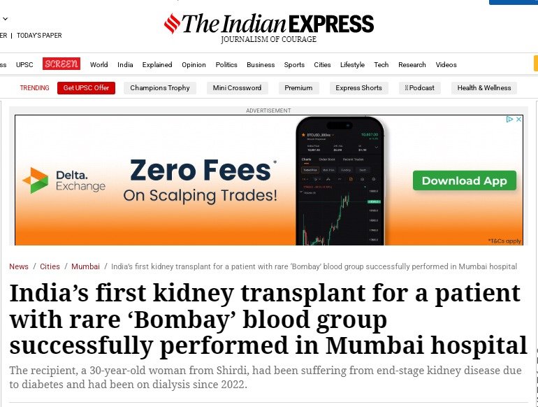 India’s first kidney transplant for a patient with rare ‘Bombay’ blood group successfully performed in Mumbai hospital | Indian Express