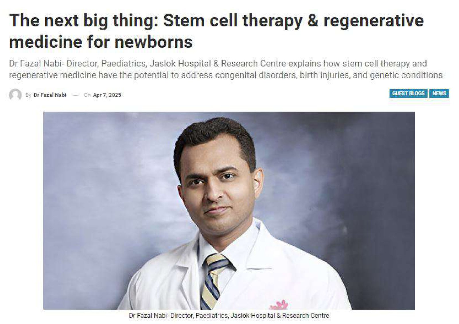 The next big thing: Stem cell therapy & regenerative medicine for newborns
